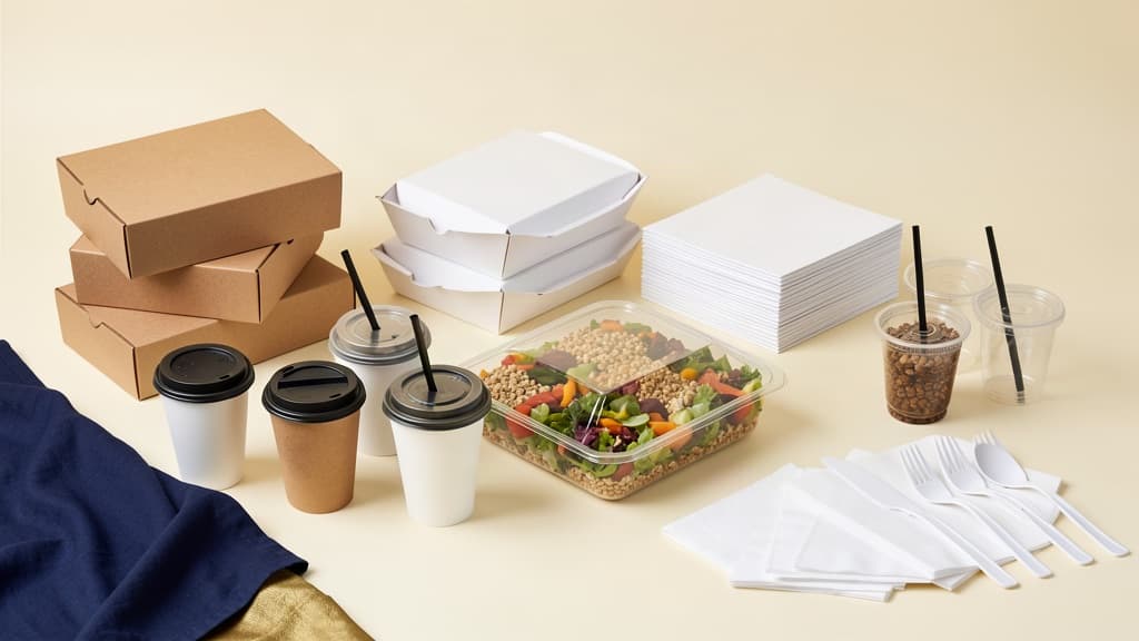Wholesale restaurant packaging: kraft and white take-out boxes, paper cups, deli containers, napkins, and cutlery