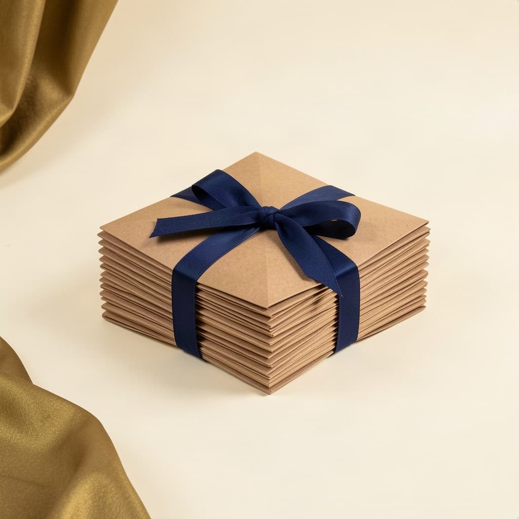 A neat stack of folded kraft take-out boxes tied with a navy ribbon