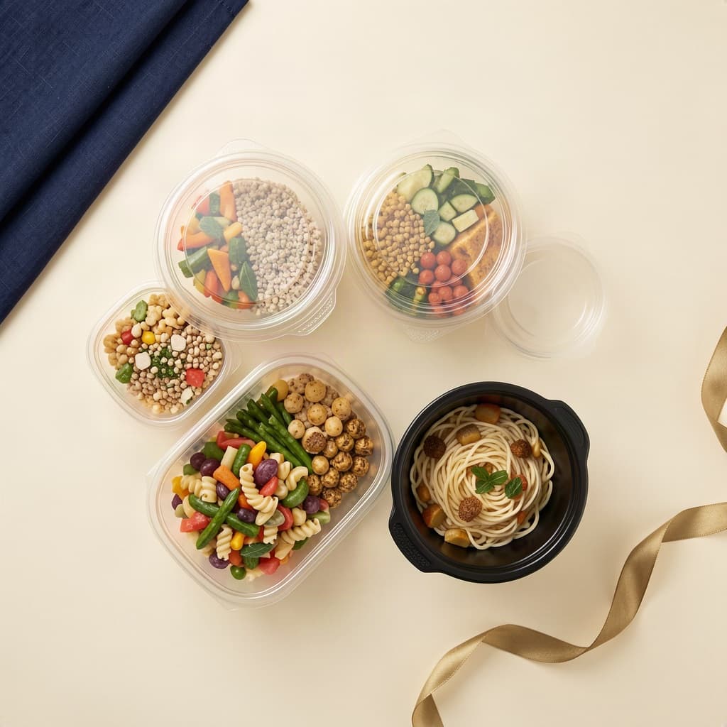 Clear deli containers holding prepared salads and a black noodle bowl