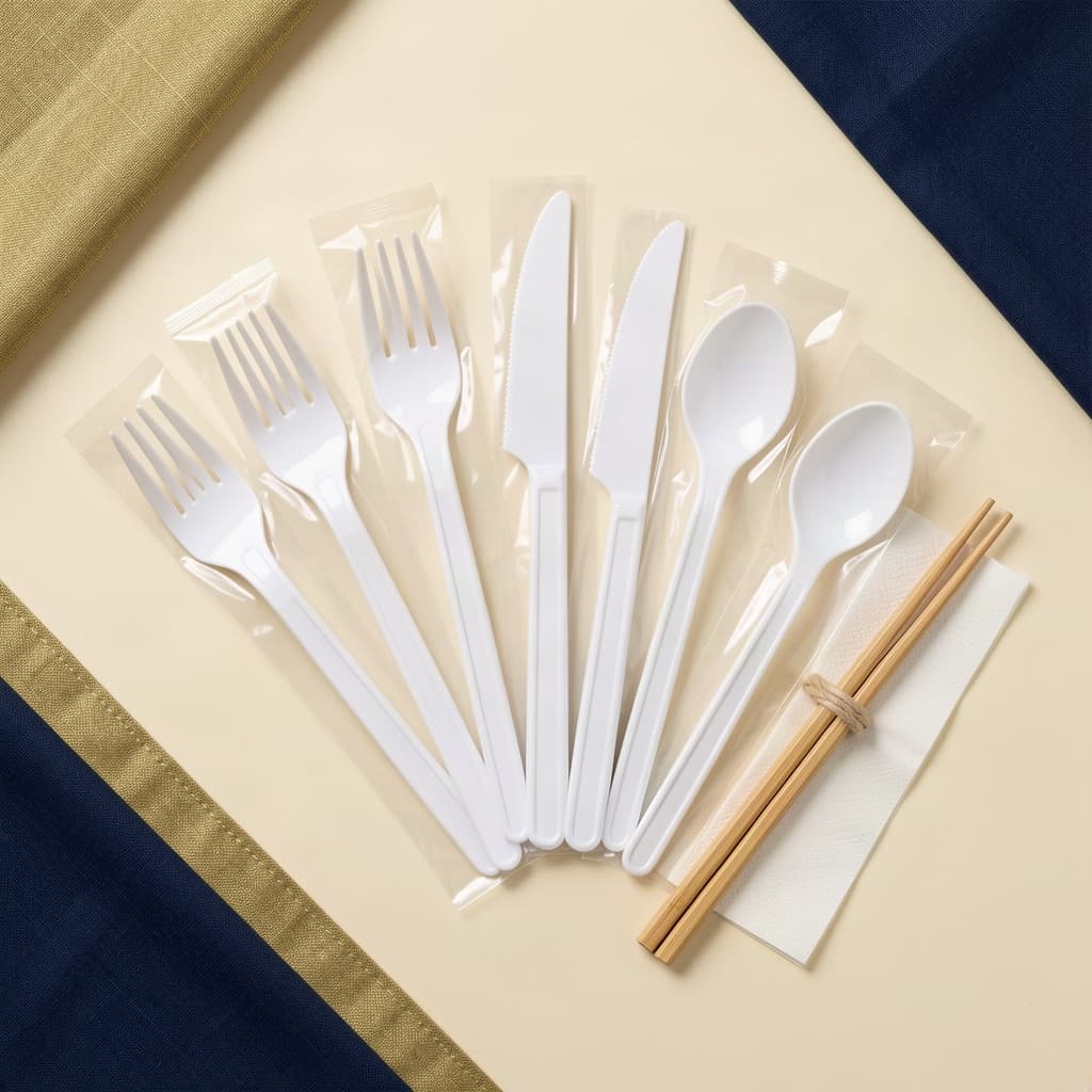 White plastic cutlery wrapped alongside a pair of chopsticks